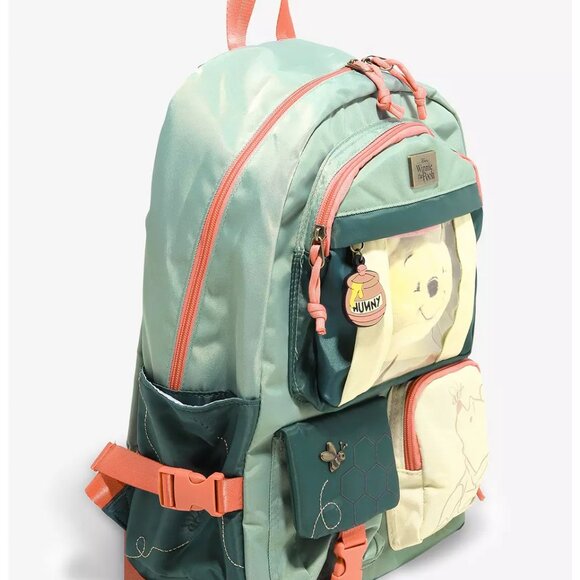 Disney Winnie the Pooh Multi-Pocket Backpack with Plush Pooh Keychain - NWT - Picture 2 of 5